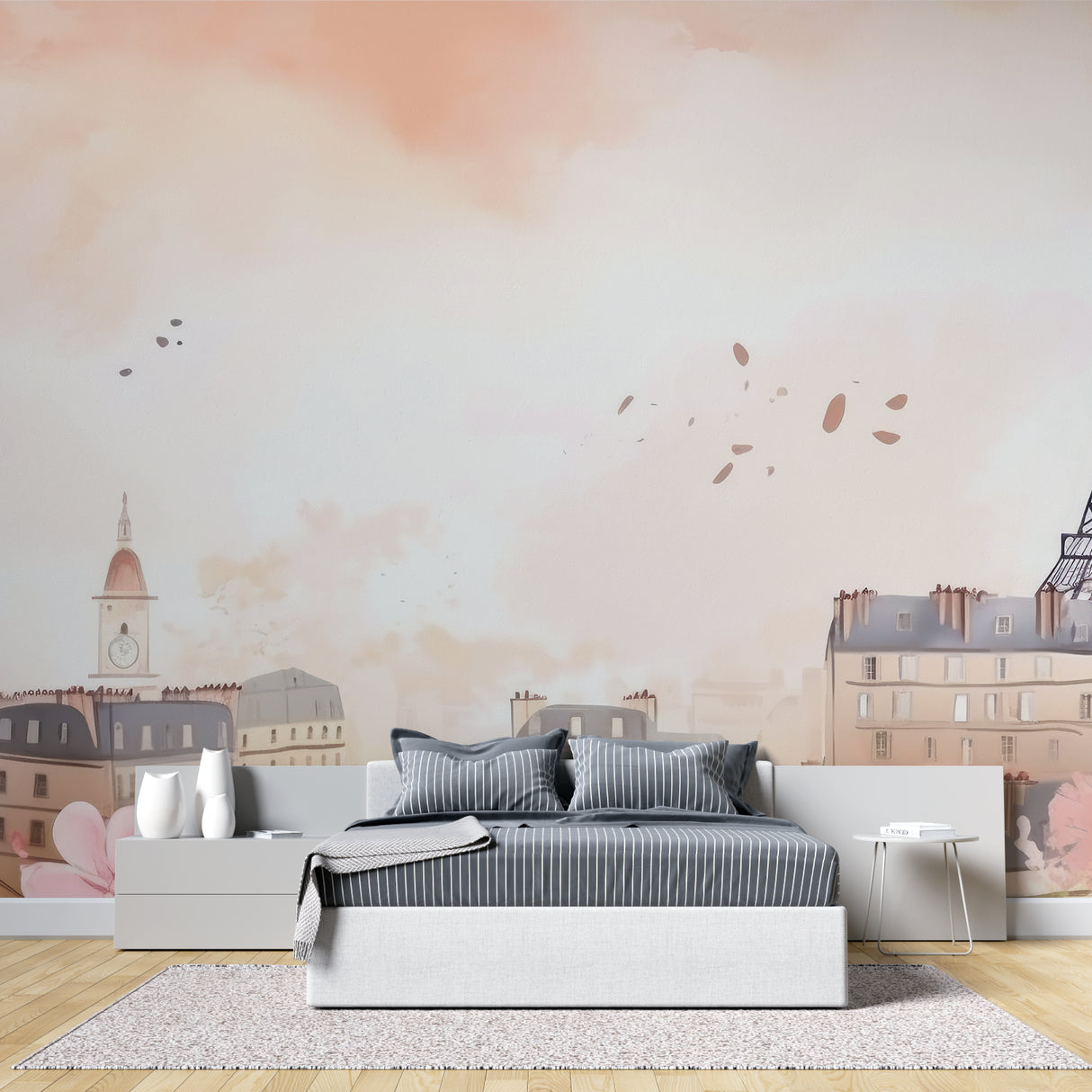 Pink Paris watercolor wallpaper creating a soft, dreamy atmosphere in modern living room