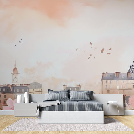 Pink Paris watercolor wallpaper creating a soft, dreamy atmosphere in modern living room