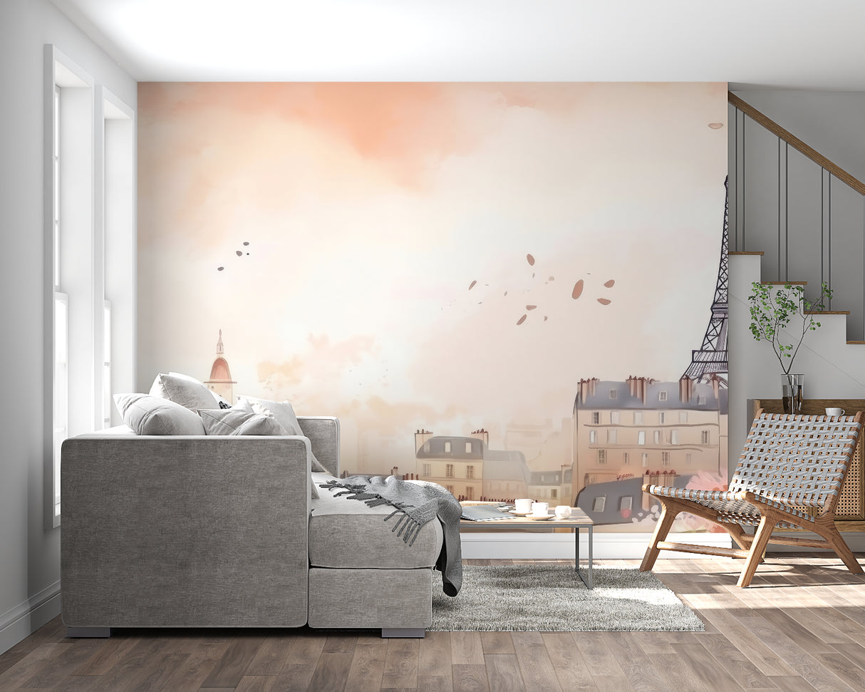Watercolor Paris mural adding French charm to master bedroom wall