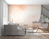Watercolor Paris mural adding French charm to master bedroom wall