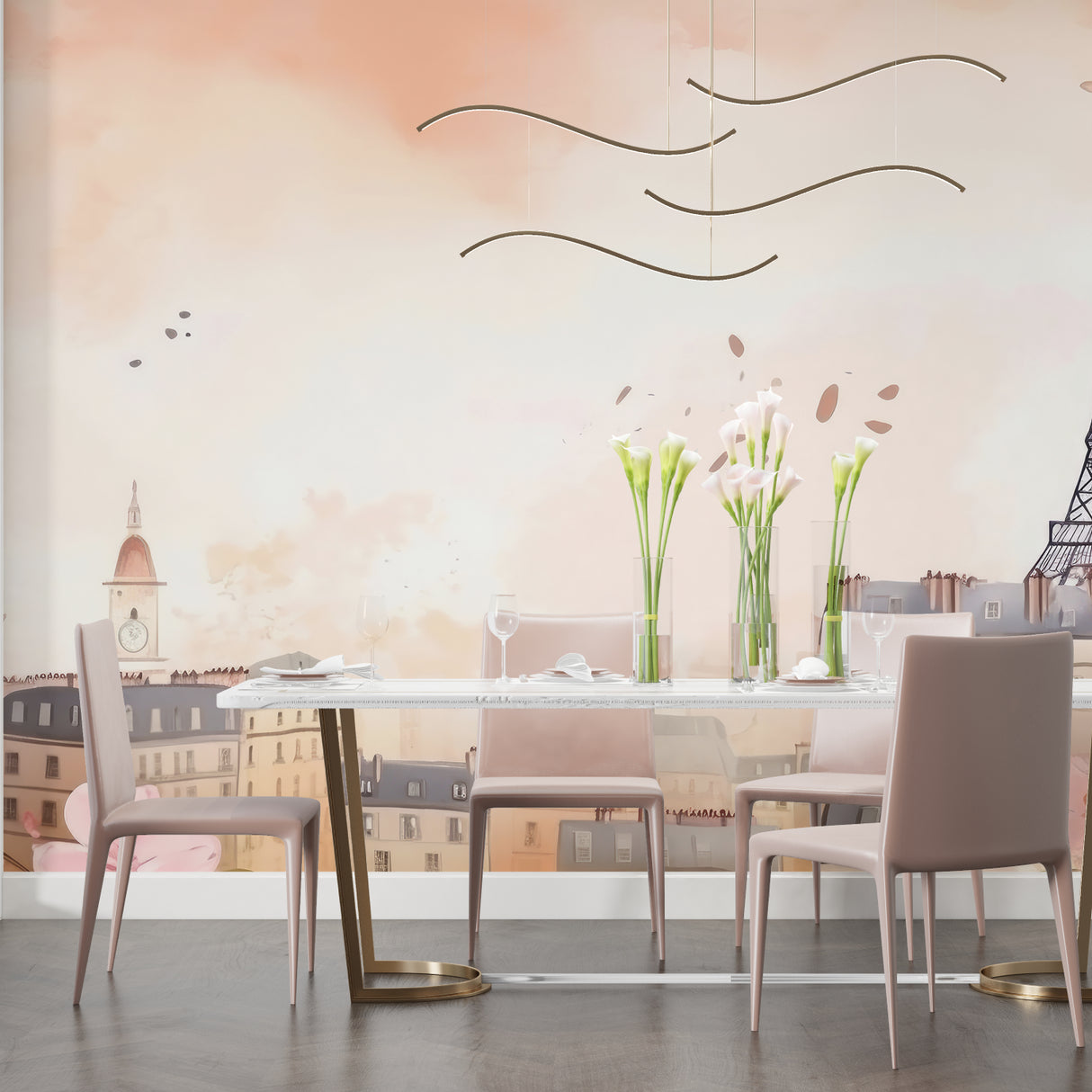 Pink cityscape wallpaper brightening dining room with Parisian views