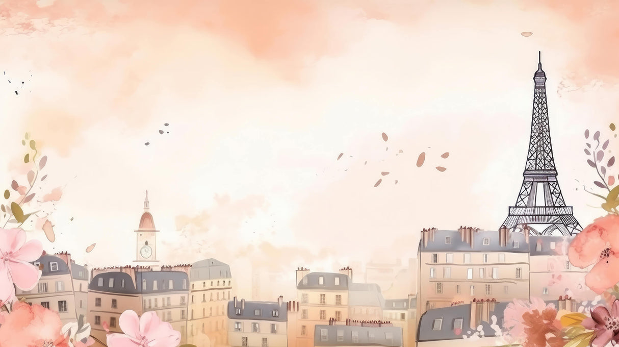 Watercolor Paris cityscape design file showing detailed rooftops and soft pink sky pattern