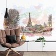 Paris Eiffel Tower wallpaper mural creating an elegant atmosphere in a modern living room with grey sofa