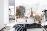 Eiffel Tower wall mural bringing Parisian style to a minimalist bedroom space