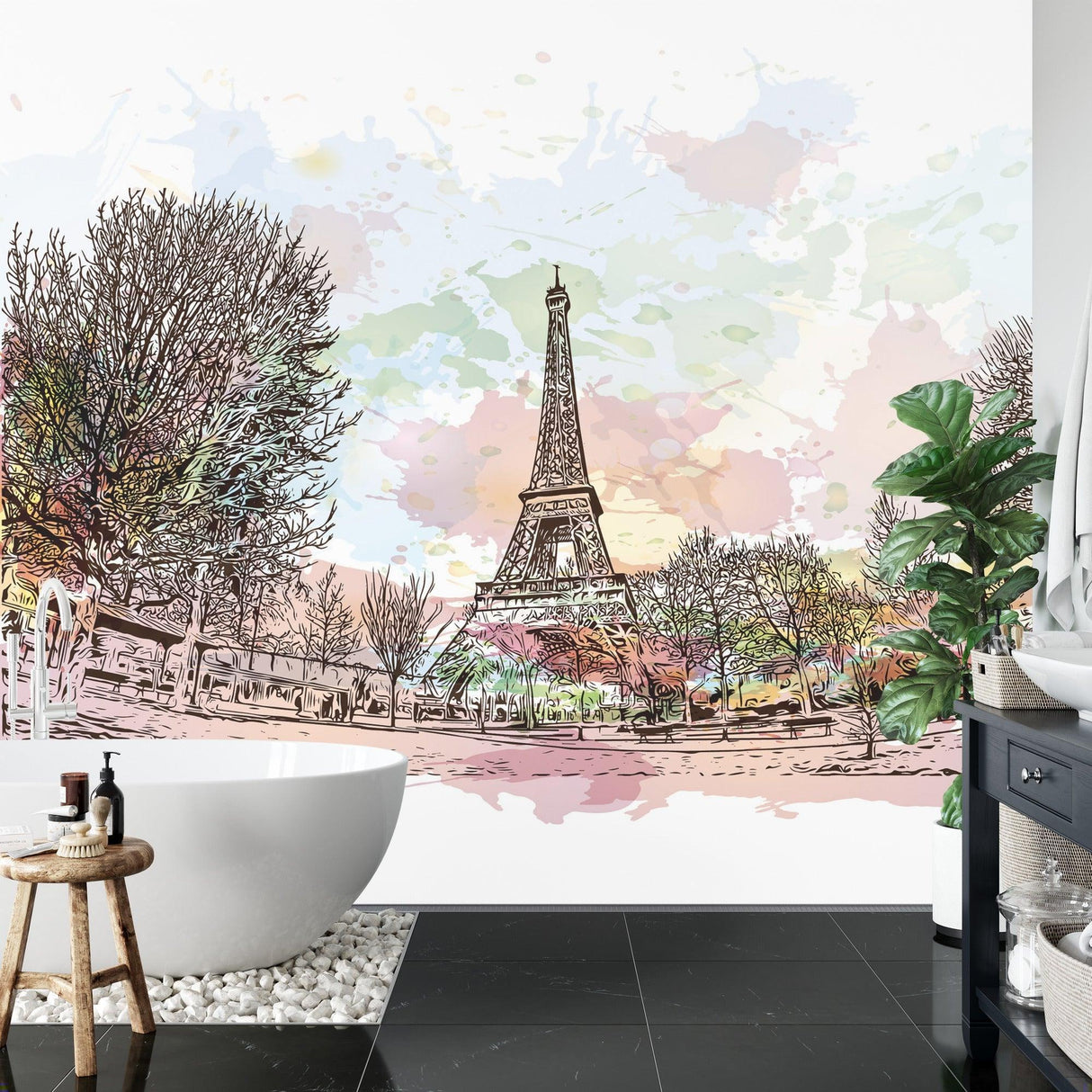 Paris themed wallpaper transforming a home office with soft watercolor tones