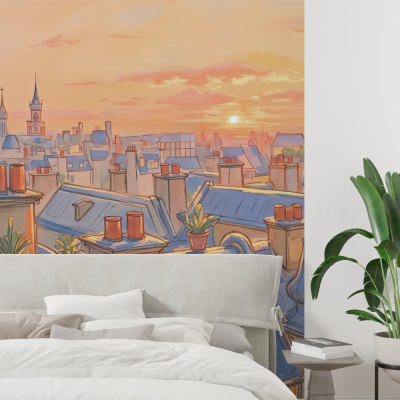 Paris rooftop wallpaper mural in modern living room, warm sunset tones creating cozy atmosphere