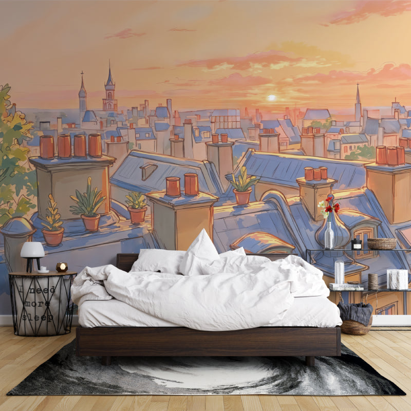 Watercolor Paris cityscape mural in dining room, soft evening light setting