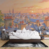 Watercolor Paris cityscape mural in dining room, soft evening light setting