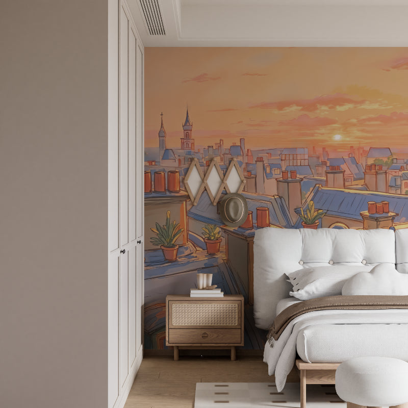 French rooftop wallpaper bringing Parisian charm to bedroom wall