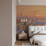 French rooftop wallpaper bringing Parisian charm to bedroom wall