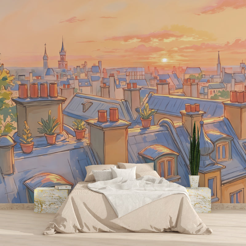 Paris sunset mural wallpaper in home office creating inspiring workspace