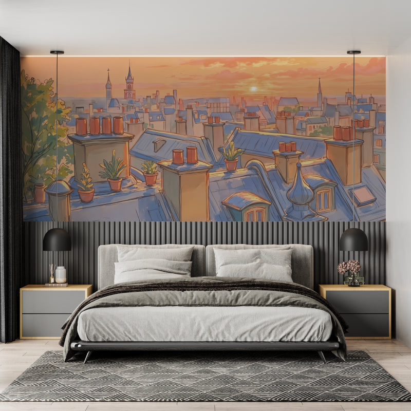 Watercolor cityscape mural adding depth to hallway walls