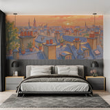 Watercolor cityscape mural adding depth to hallway walls