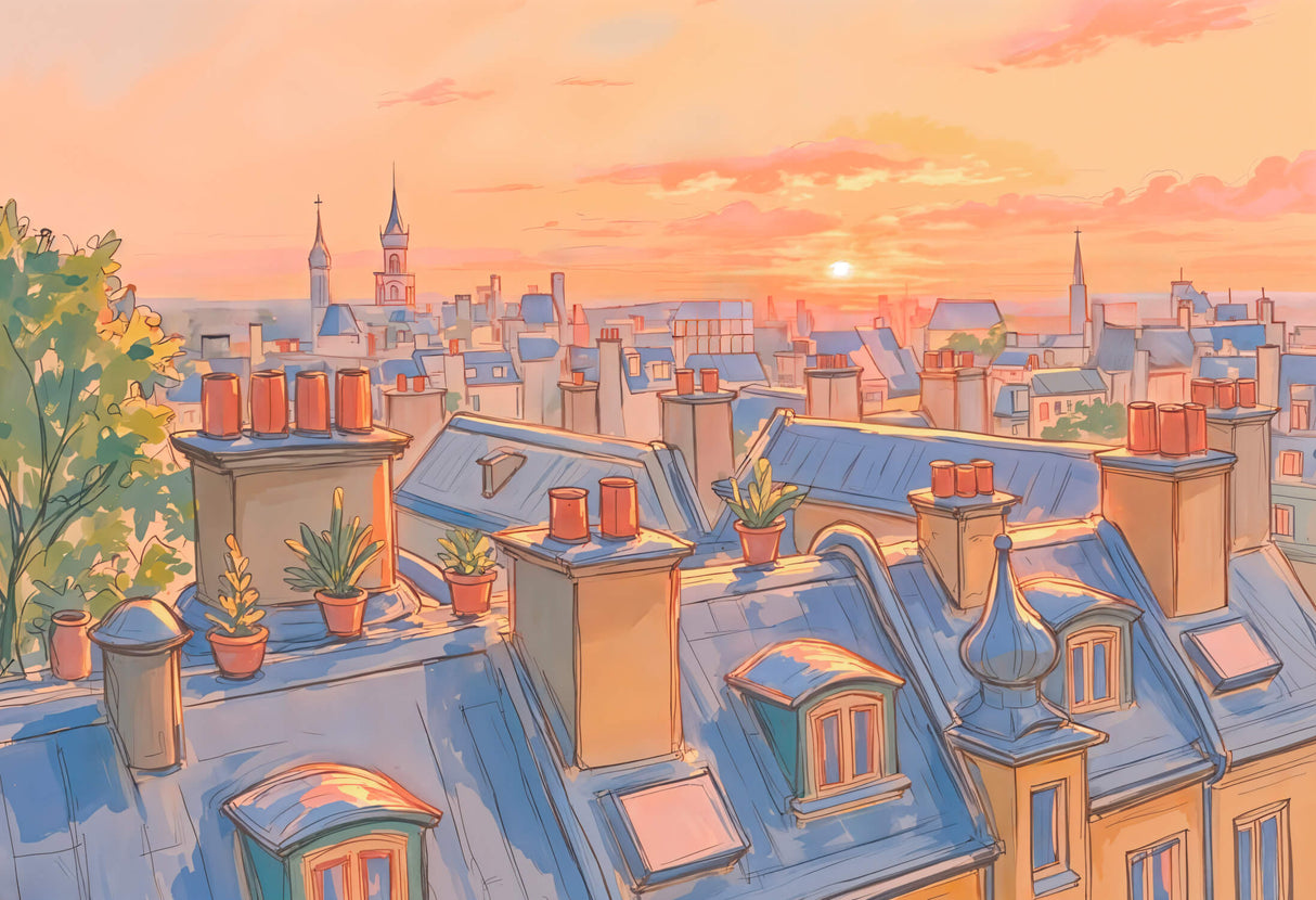 Paris rooftops watercolor design file showing detailed sunset cityscape pattern
