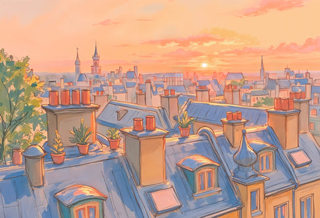 Paris rooftops watercolor design file showing detailed sunset cityscape pattern