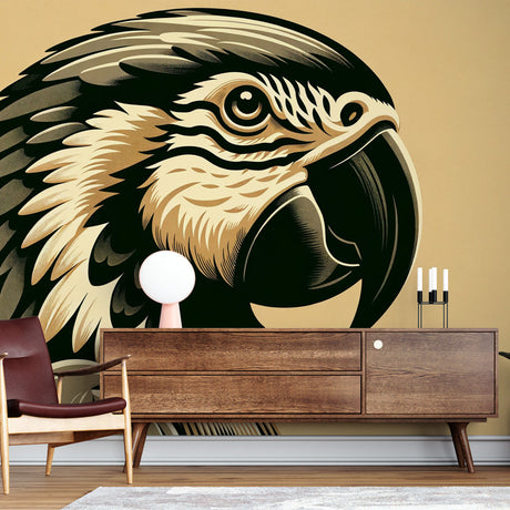 Bird Mural Wallpaper  Artistic Parrot Portrait in Gold and Black - Premium wallpaper design showcase