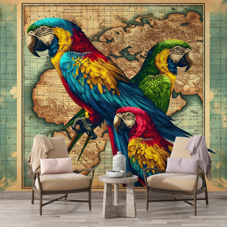 Tropical Birds Mural Wallpaper  Macaw Parrots on Vintage Map - Premium wallpaper design showcase
