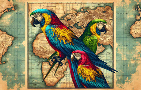 Tropical Birds Mural Wallpaper  Macaw Parrots on Vintage Map - Detailed wallpaper pattern view