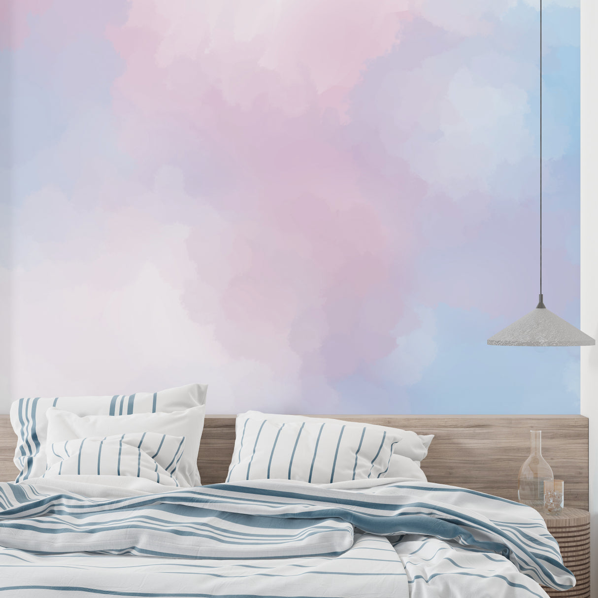 Pastel mural creating depth in a contemporary dining room setting