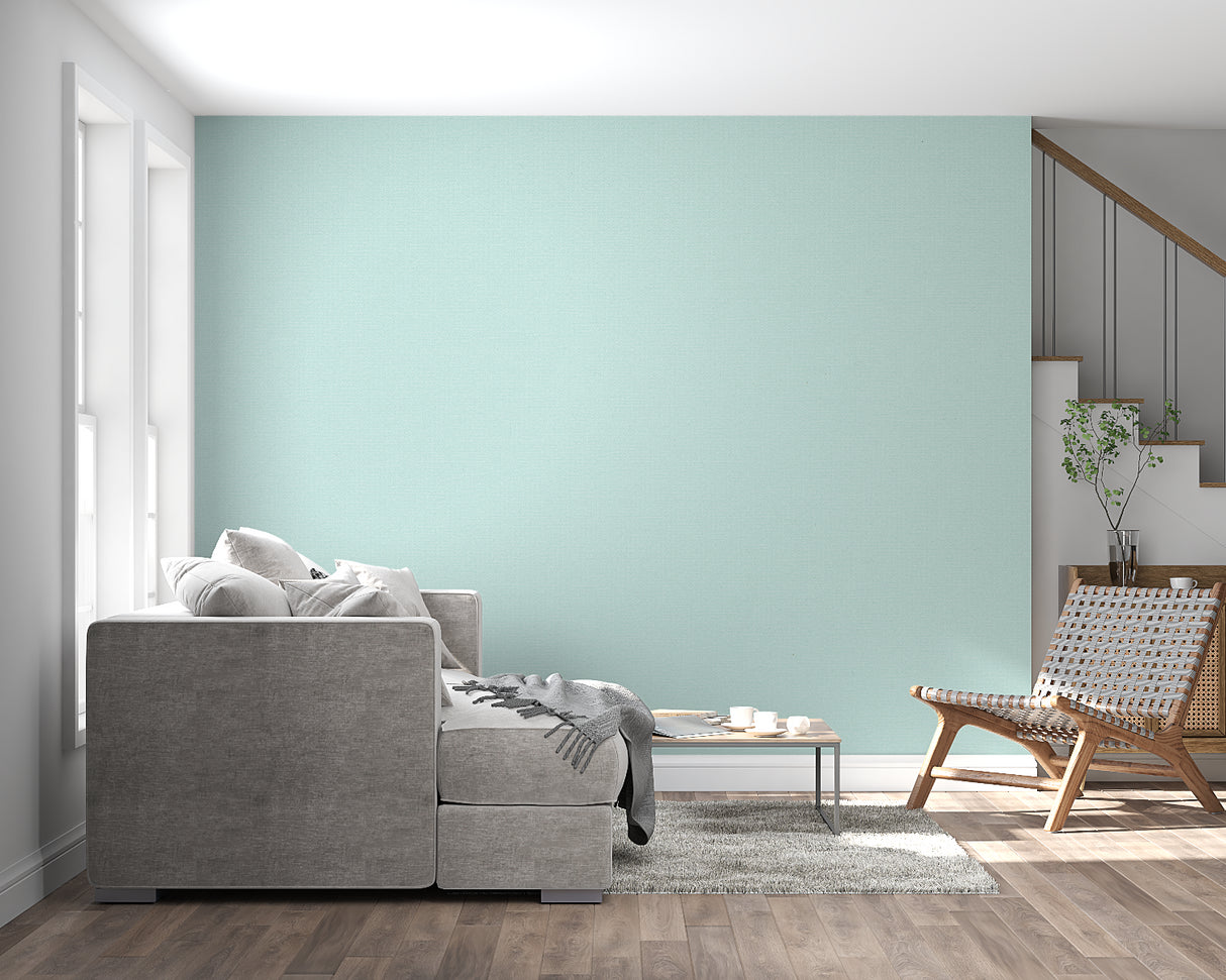 Modern mint green wall mural in dining room with plants