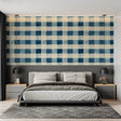 Blue cream gingham wallpaper in modern kitchen, natural light highlighting pattern depth
