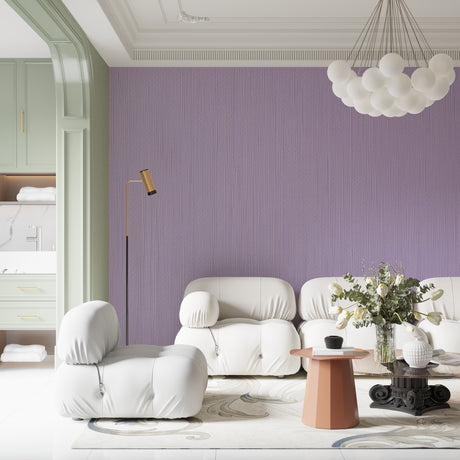 Lilac textured wallpaper creating a serene atmosphere in a modern living room with natural light