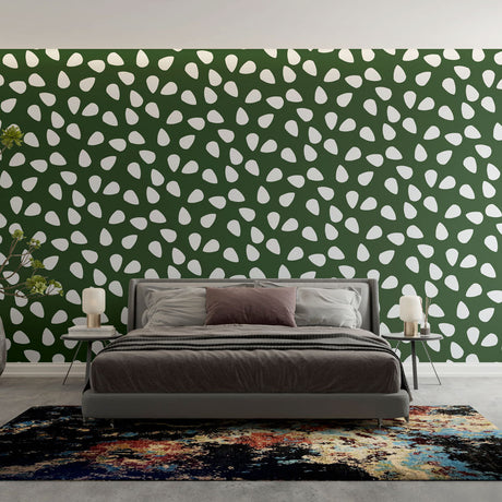 Modern green pattern wallpaper with white drops creating a fresh look in a bright living room setting