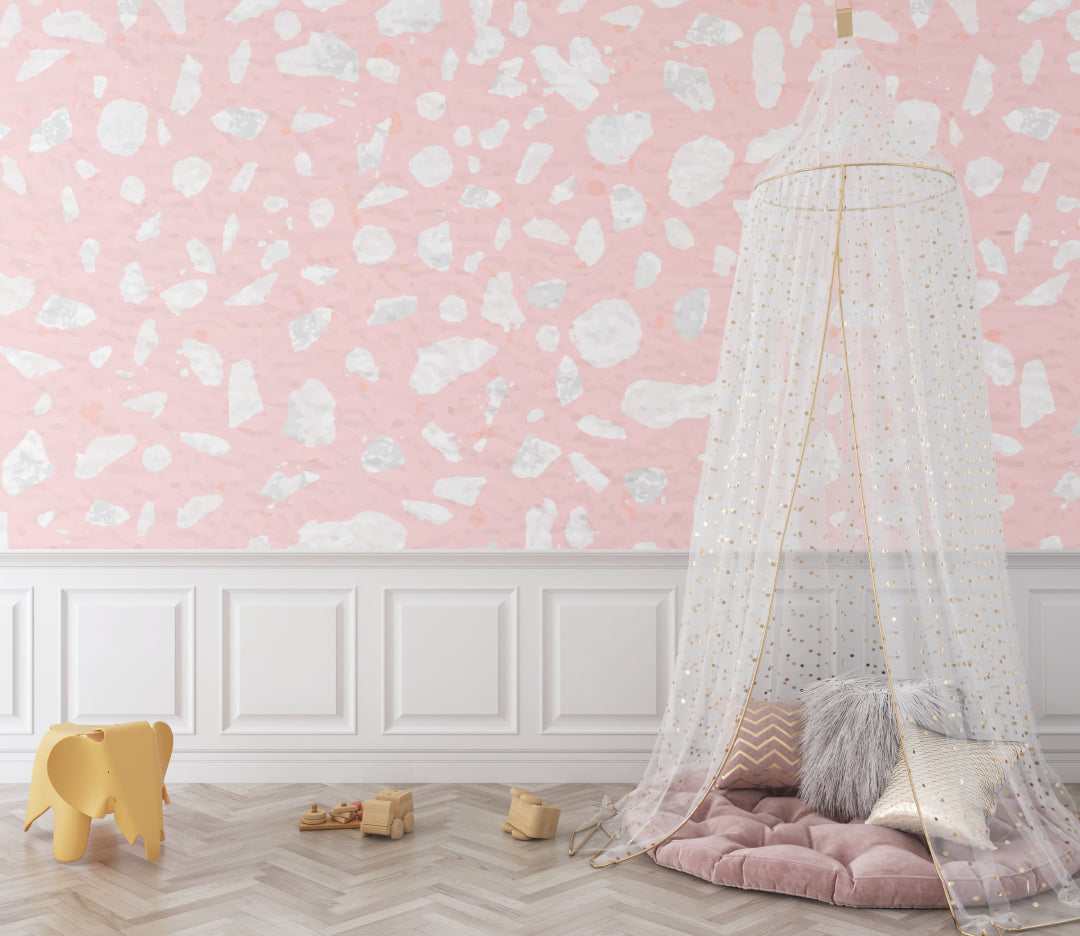 Modern pink terrazzo wallpaper adding style to a minimalist bedroom