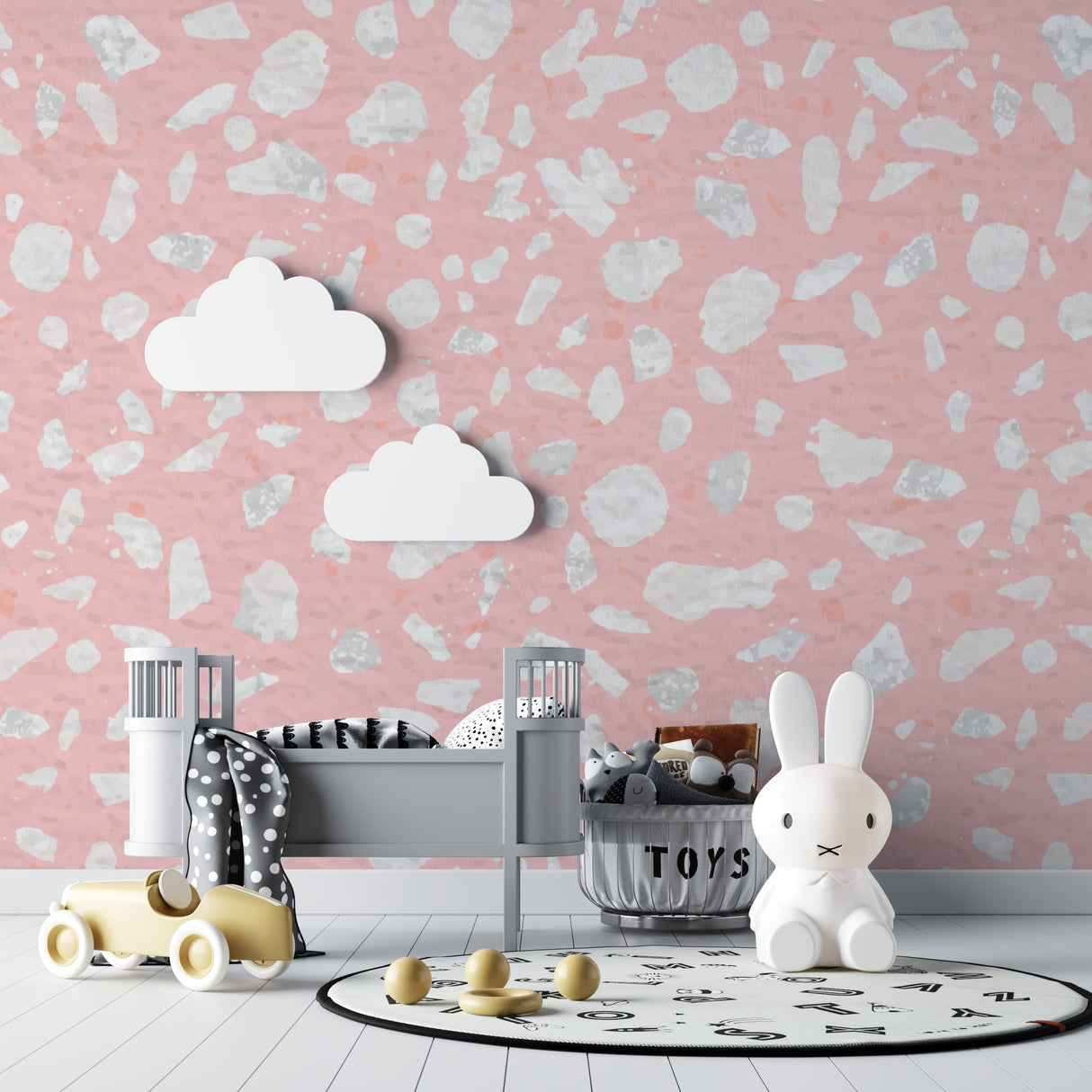 Pink terrazzo wall design brightening up a home office space