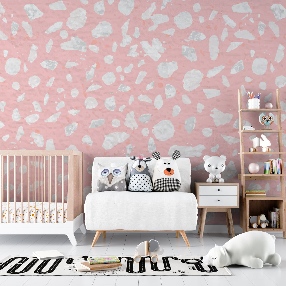 Pink terrazzo mural creating depth in a dining room setting