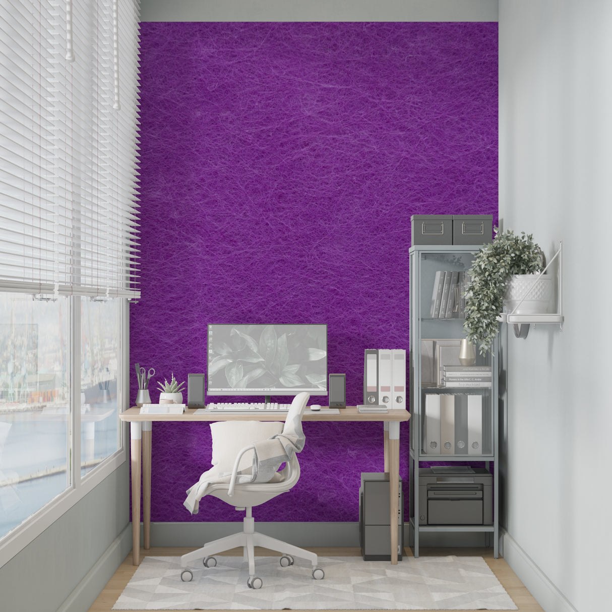 Geometric purple wall mural enhancing a minimalist home office space