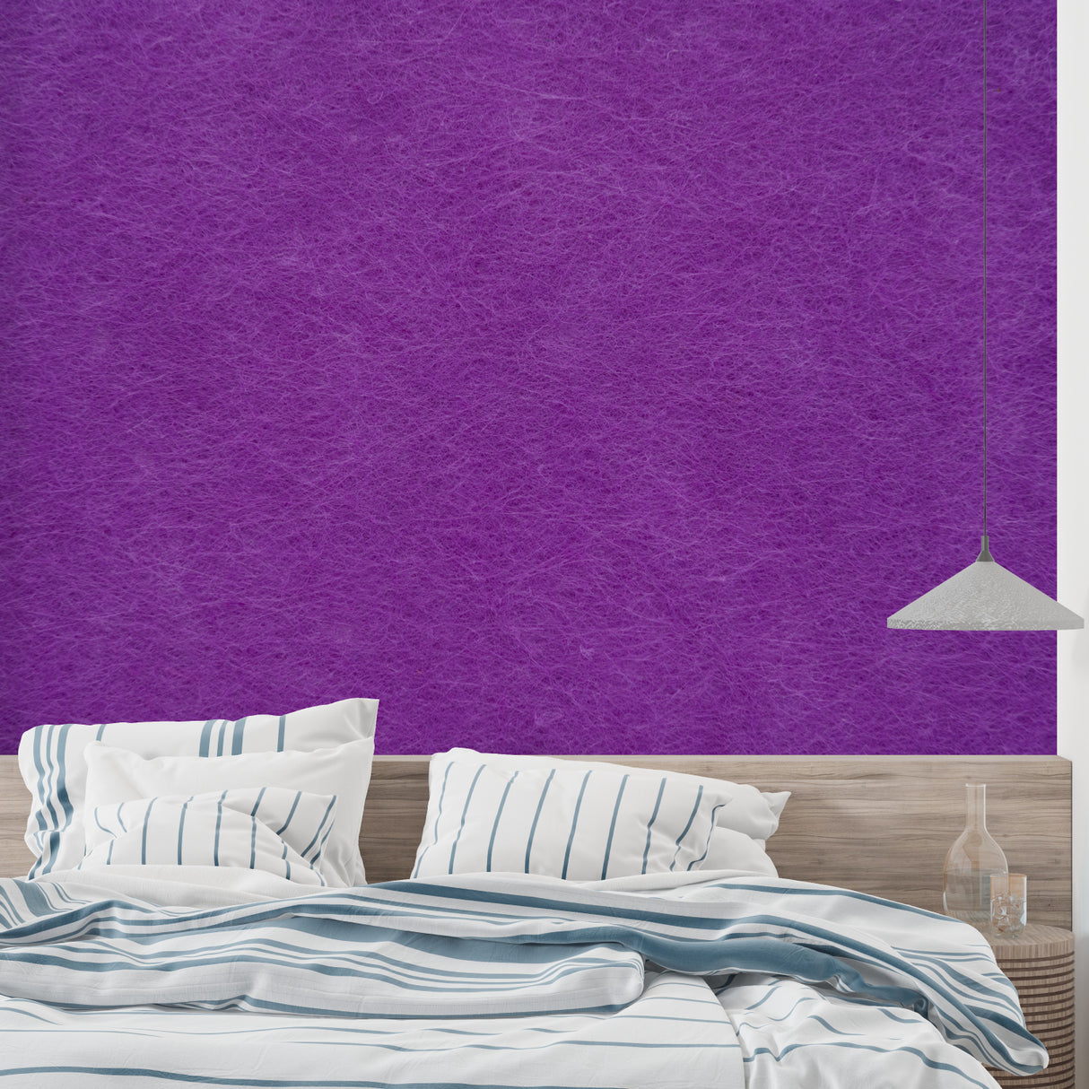 Modern purple textured wallpaper in a stylish bedroom setting