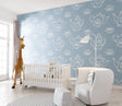 Blue line art wallpaper with teapots and lotus in modern home office showing clean minimalist style