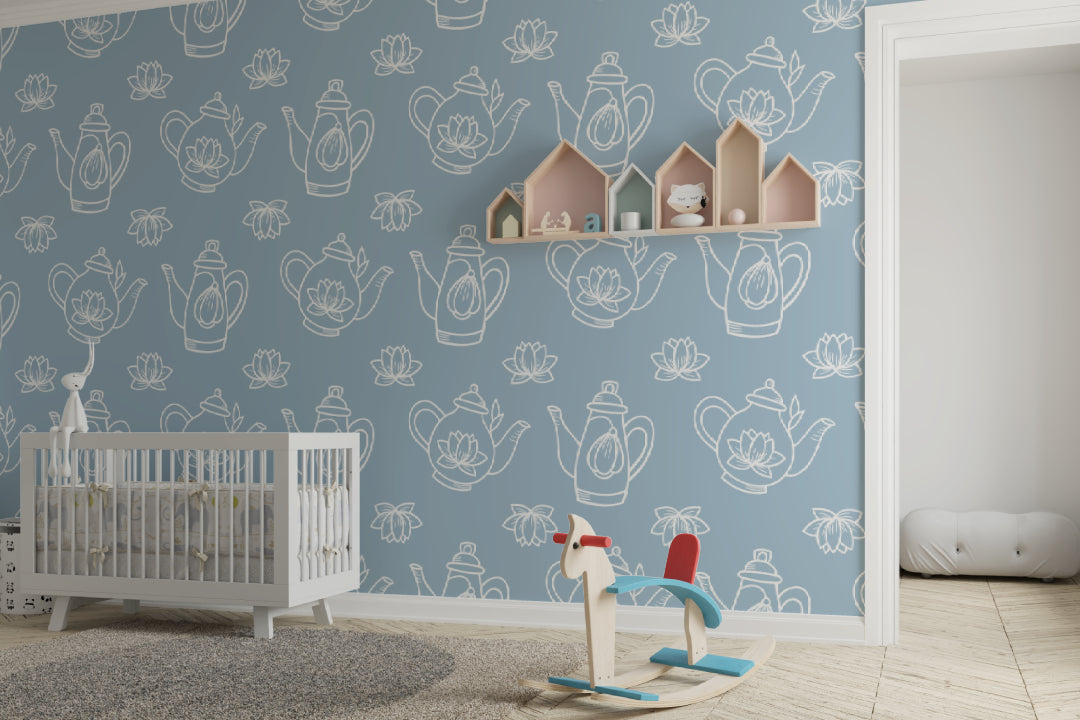 Line art wallpaper featuring teapots and lotus flowers in cozy bedroom setting