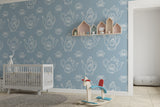 Line art wallpaper featuring teapots and lotus flowers in cozy bedroom setting