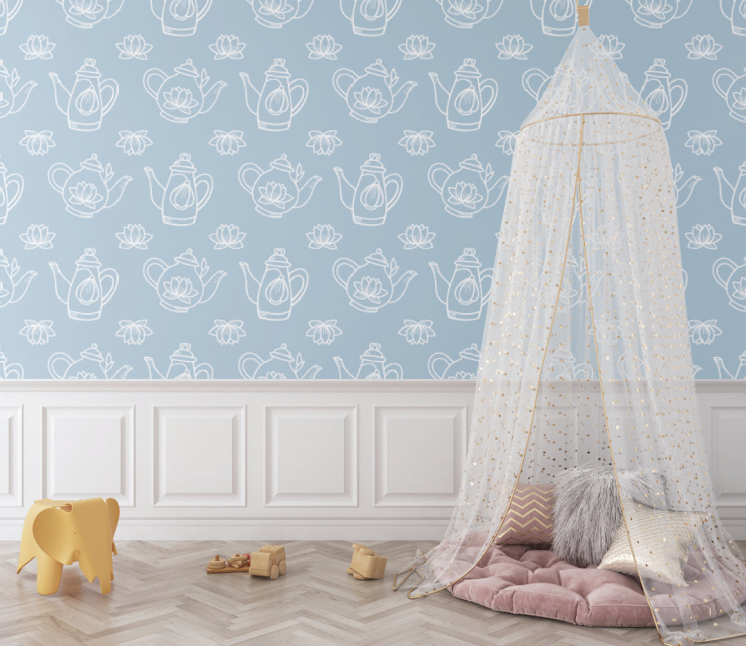 Blue and white pattern mural in nursery showing gentle teapot and lotus design