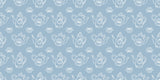 Design file showing delicate lotus and teapot line art pattern on powder blue background
