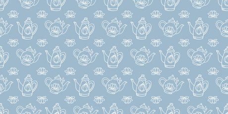 Design file showing delicate lotus and teapot line art pattern on powder blue background