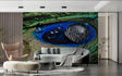 Peacock feather wallpaper with water drops creating stunning focal point in modern living room setting