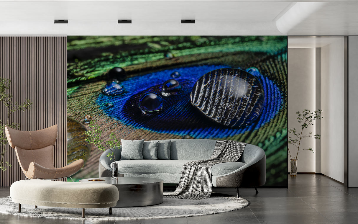 Peacock feather wallpaper with water drops creating stunning focal point in modern living room setting