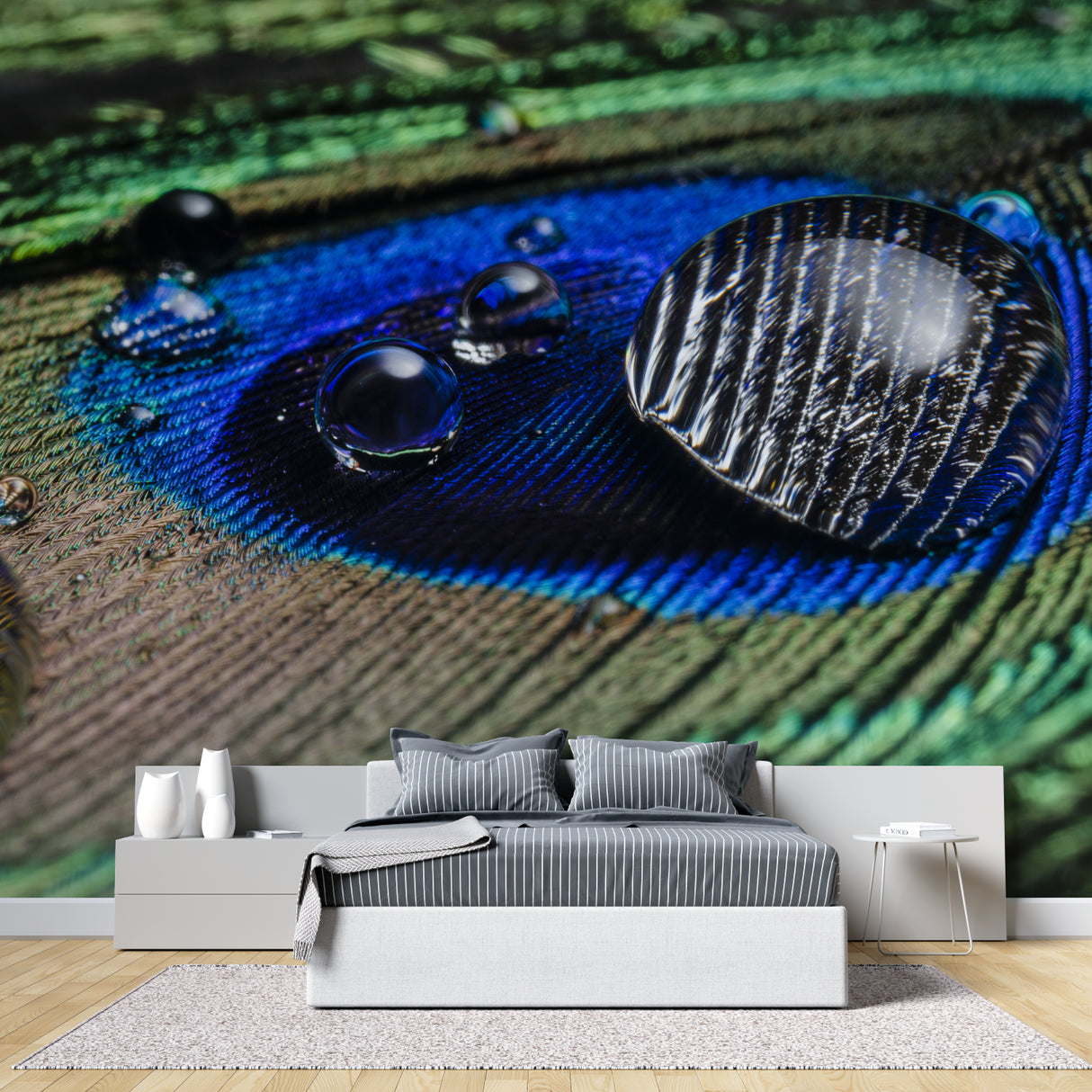 Iridescent peacock feather wall mural enhancing dining room ambiance