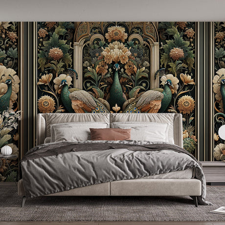 Peacock Art Deco wallpaper creating dramatic impact in a modern dining room with golden lighting