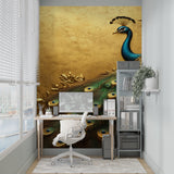 Master bedroom with luxury peacock wallpaper showing metallic gold details
