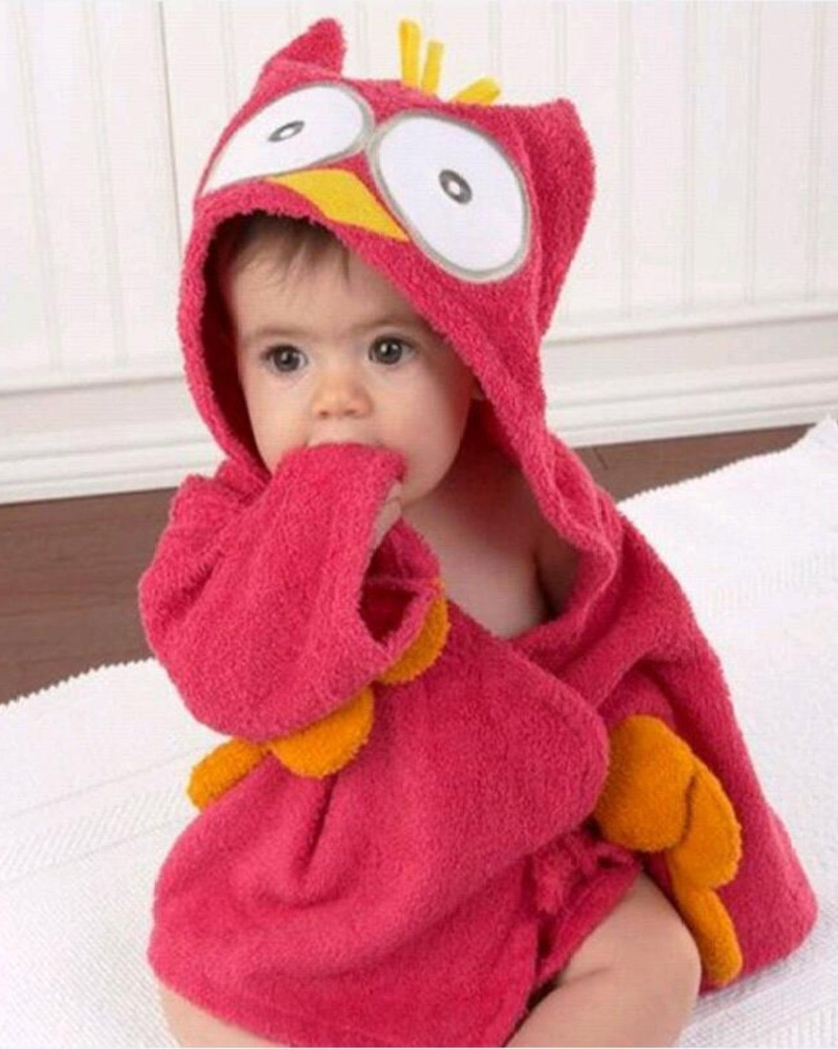 Baby Hooded Bath Robe  Red Owl Cotton Terry Design - Product showcase