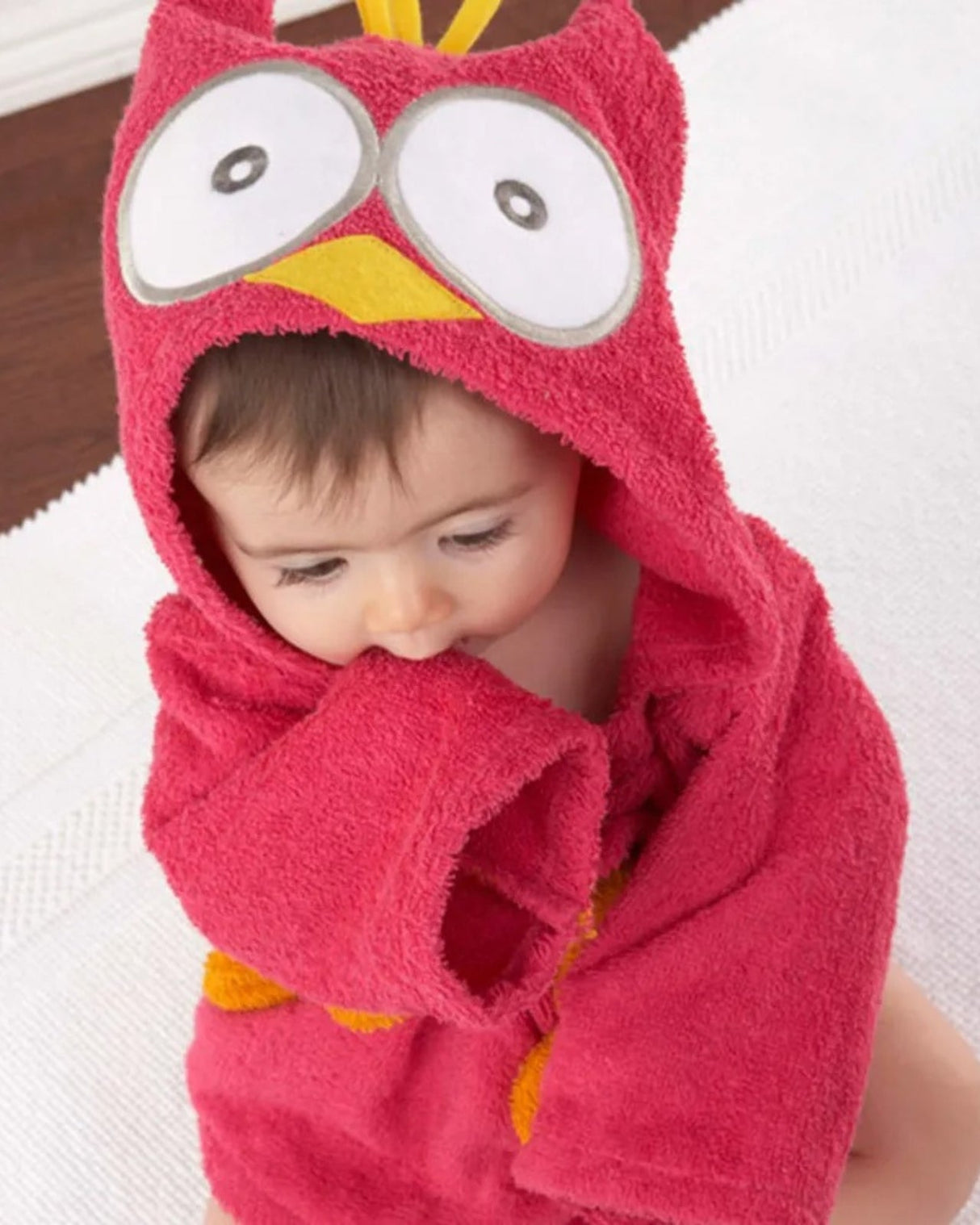 Baby Hooded Bath Robe  Red Owl Cotton Terry Design - Detailed view