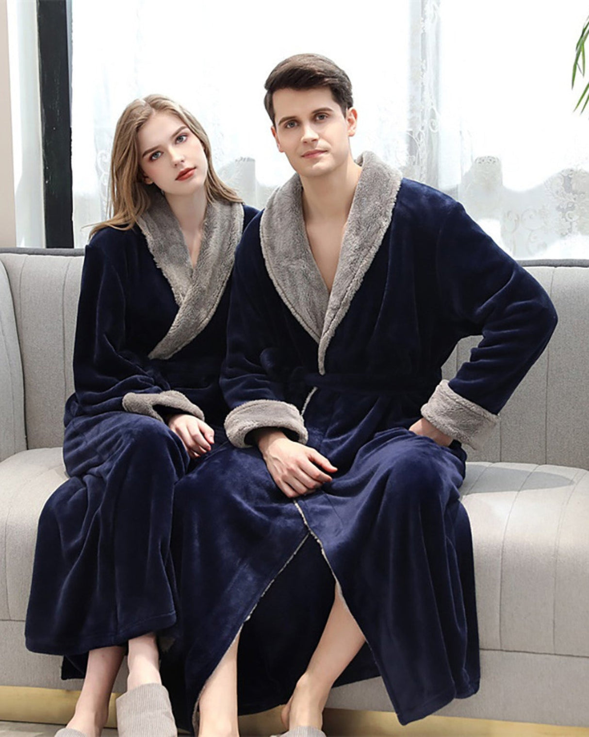 Luxury Plush Bathrobe  Navy Blue with Sherpa Lining - Detailed view