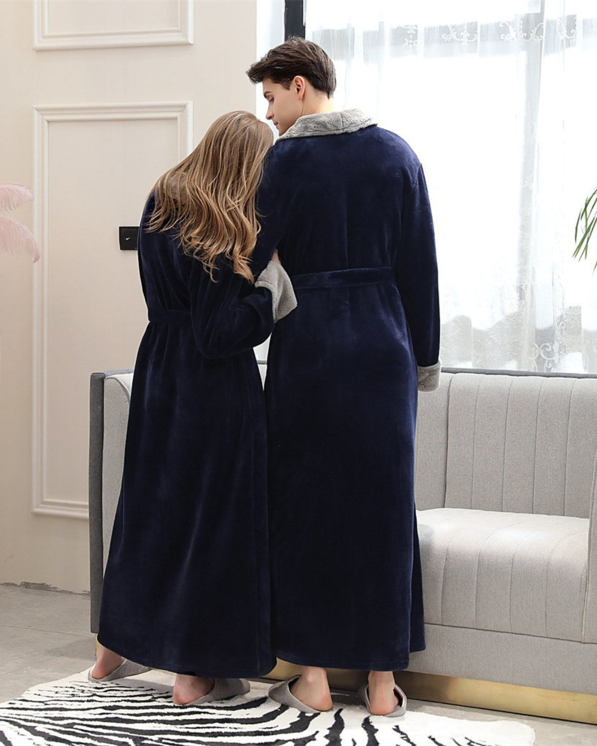 Luxury Plush Bathrobe  Navy Blue with Sherpa Lining - Product example