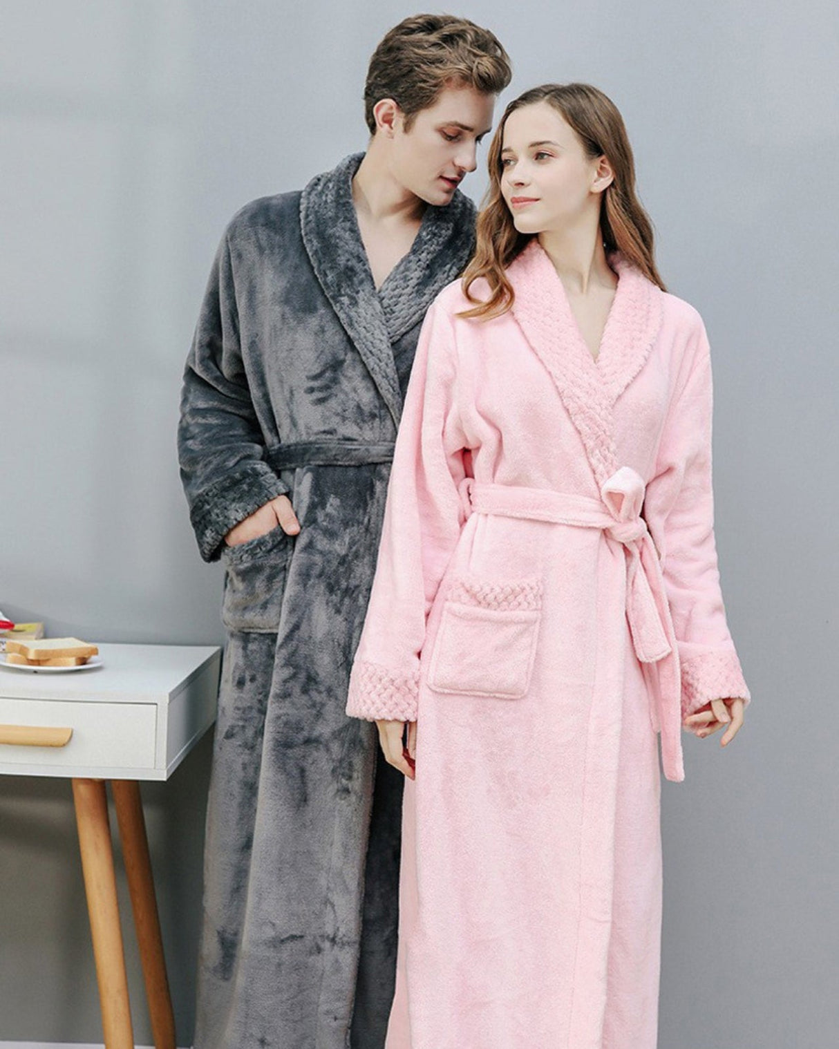Plush Fleece Bathrobe Set  Quilted Trim Couples Collection - Product showcase