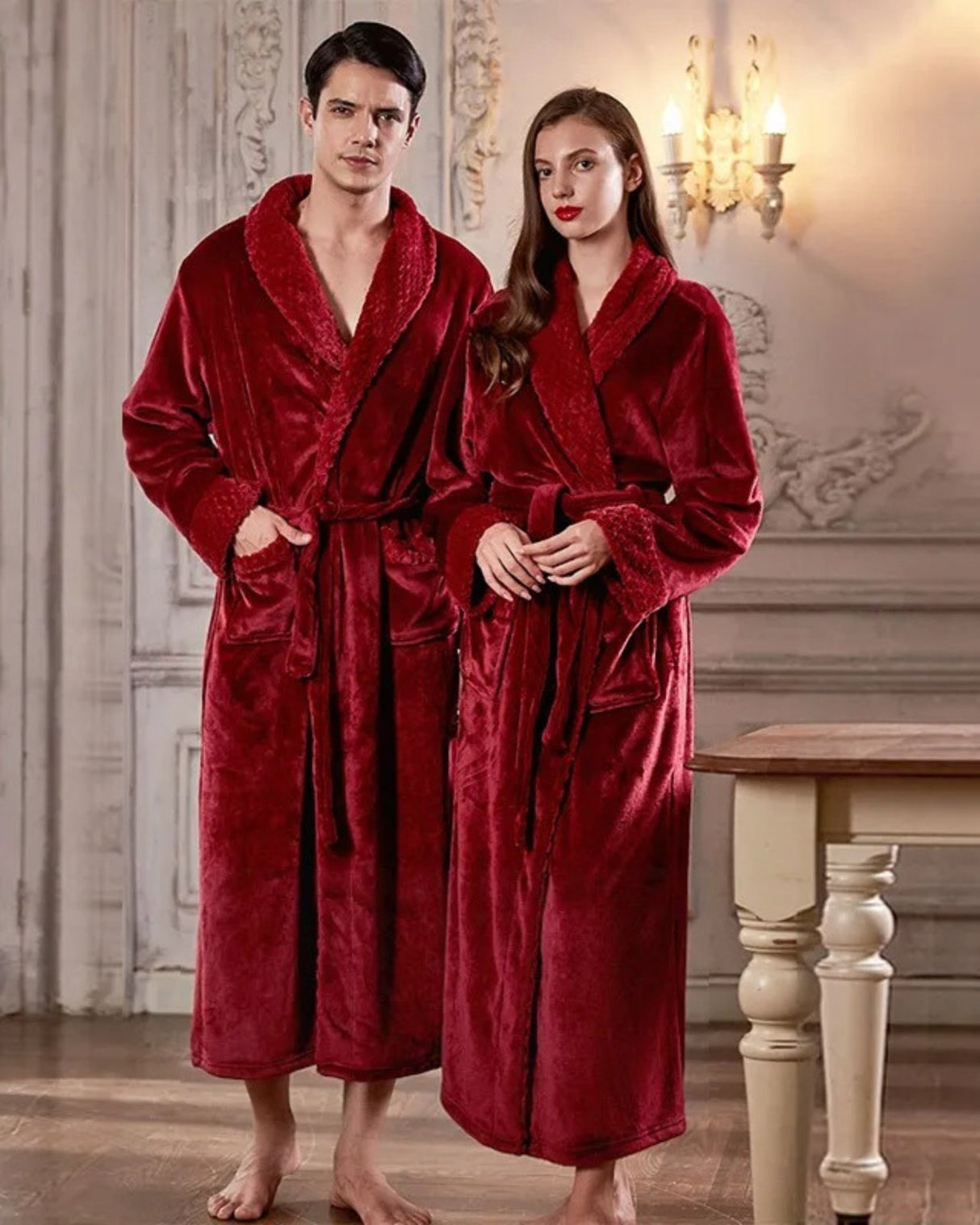 Luxury Velvet Bathrobe Set  Plush Red Couple Robes - Product showcase