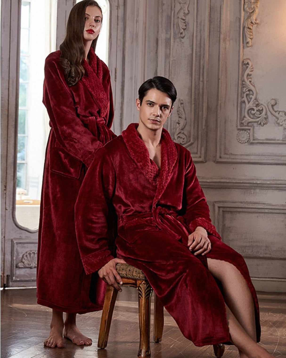 Luxury Velvet Bathrobe Set  Plush Red Couple Robes - Detailed view